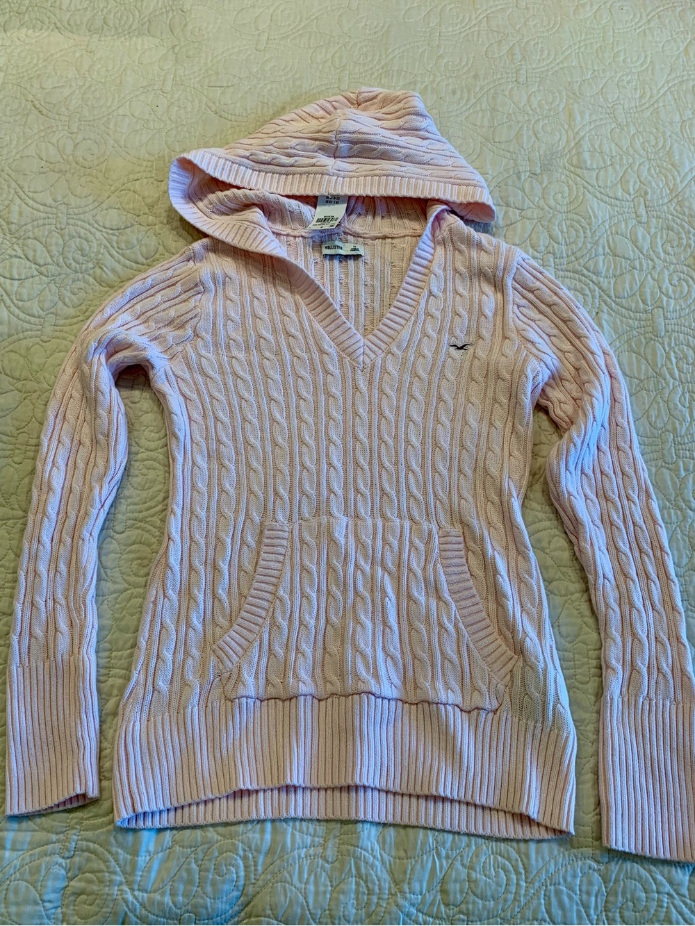 Hollister Light Pink Cable-Knit V-Neck Hoodie Sweater